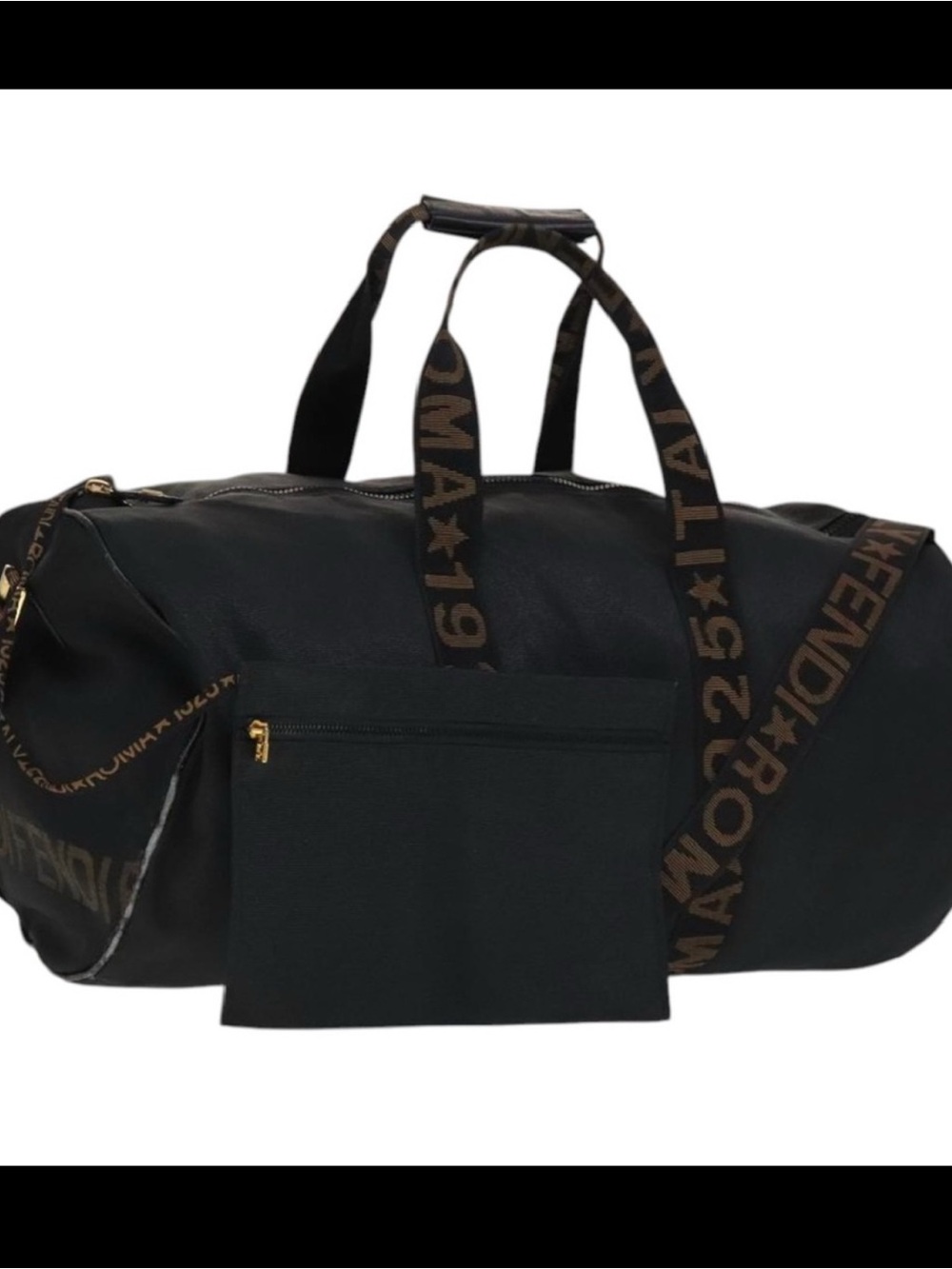 Fendi Black Duffel Bag with Brown Logo Straps and pouch